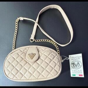 Valentino Orlandi Diamond Quilted Nude Gold Chain Camera Bag V Logo